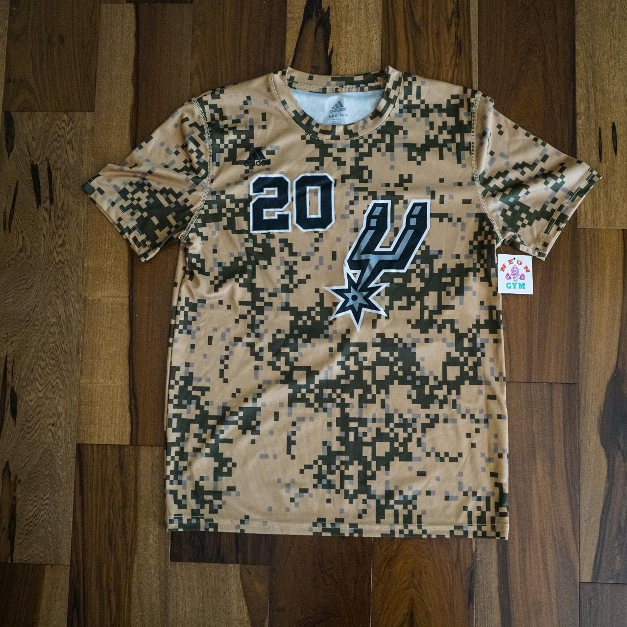 Manu Ginobili San Antonio #Spurs t-shirt by #Adidas. Children's size Large featuring digital camo all over print and team graphics on the front and back.