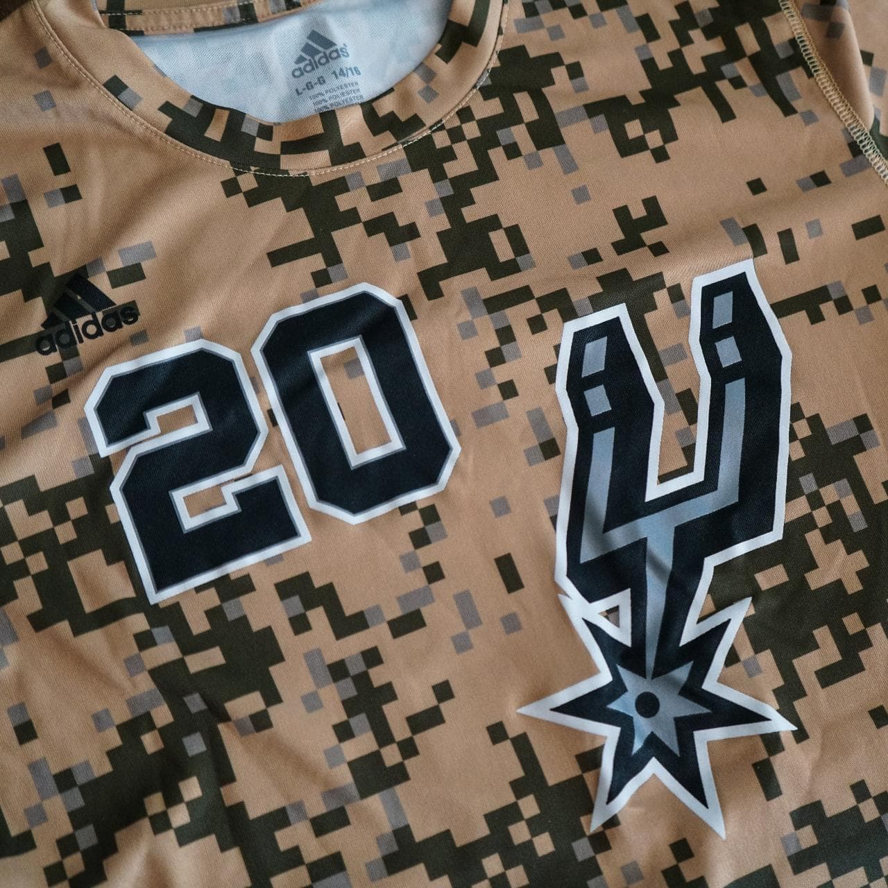 Manu Ginobili San Antonio #Spurs t-shirt by #Adidas. Children's size Large featuring digital camo all over print and team graphics on the front and back. - Thumbnail 2