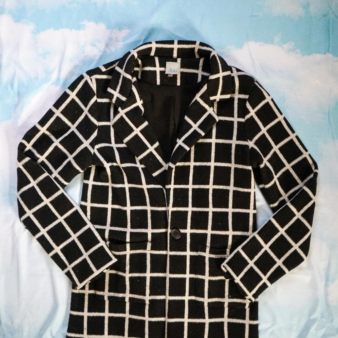 Windowpane plaid coat in black and white. Button closure with long-line cut that falls mid-thigh, size women's small 🧣