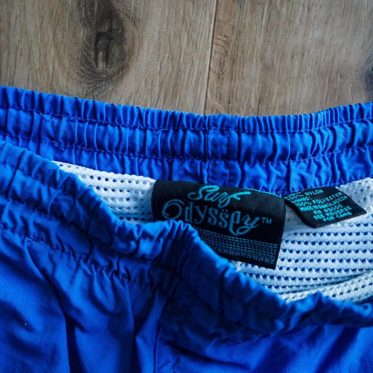 Surf Odyssey vintage swim trunks 🩳 Features 90s abstract stripes in blue, turquoise, purple, and black. Includes inner lining and drawstring. - Thumbnail 3
