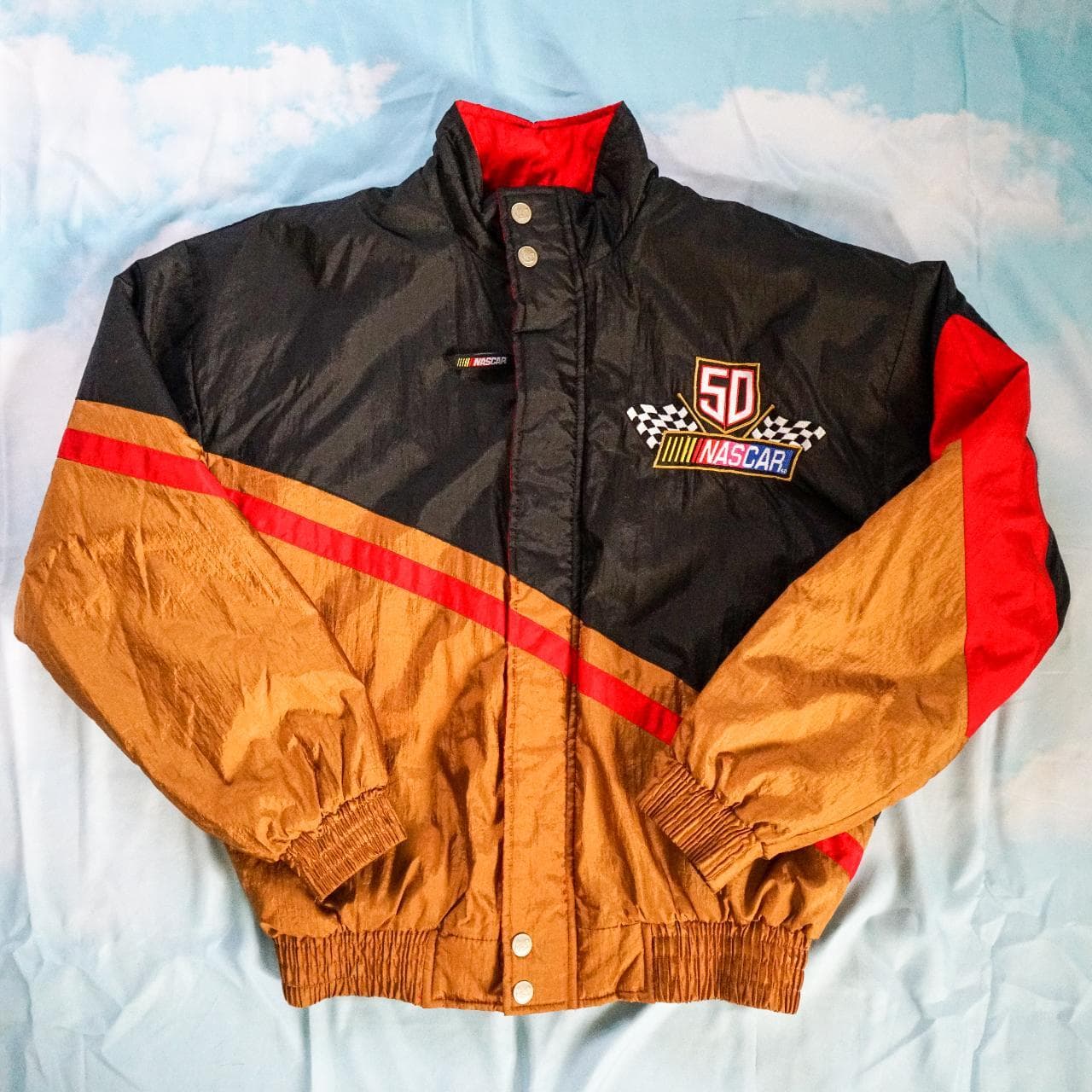 1998, 50th Anniversary #NASCAR insulated jacket. Features a black and gold base with red accents and embroidered graphics on the front chest and back. Snap and zip closures with front pockets 🏎 Size small, fits oversized. - Thumbnail 3