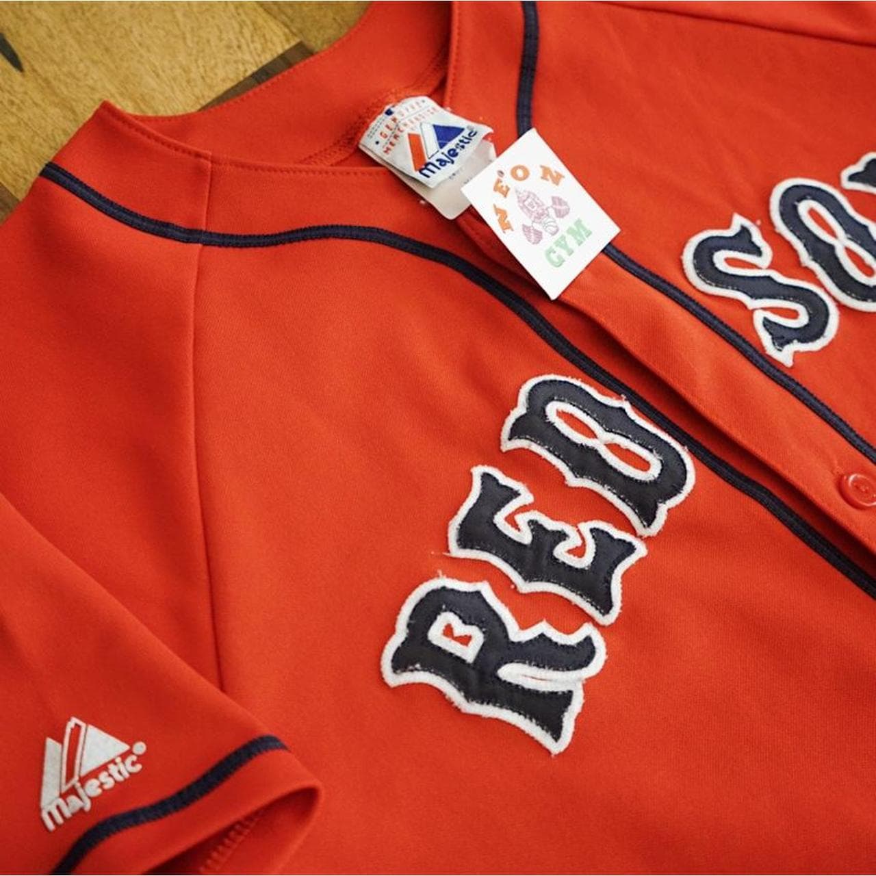 Majestic Boston’s Red Sox jersey in red with blue and white letters sewn on. Majestic logo accents throughout. No name on the back. Size M. - Thumbnail 3