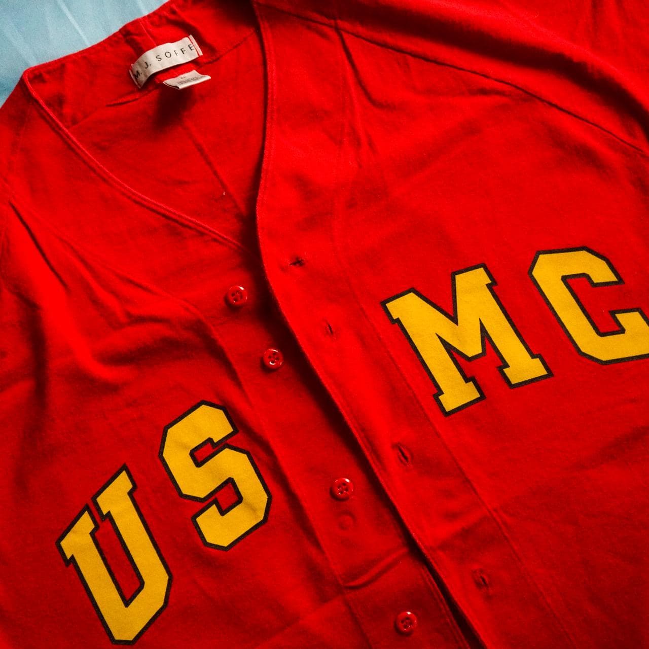US Marine Corps #USMC baseball jersey in red and yellow. Features screenprint on the front, Soffe patch, and button closure ⚾️ - Thumbnail 2
