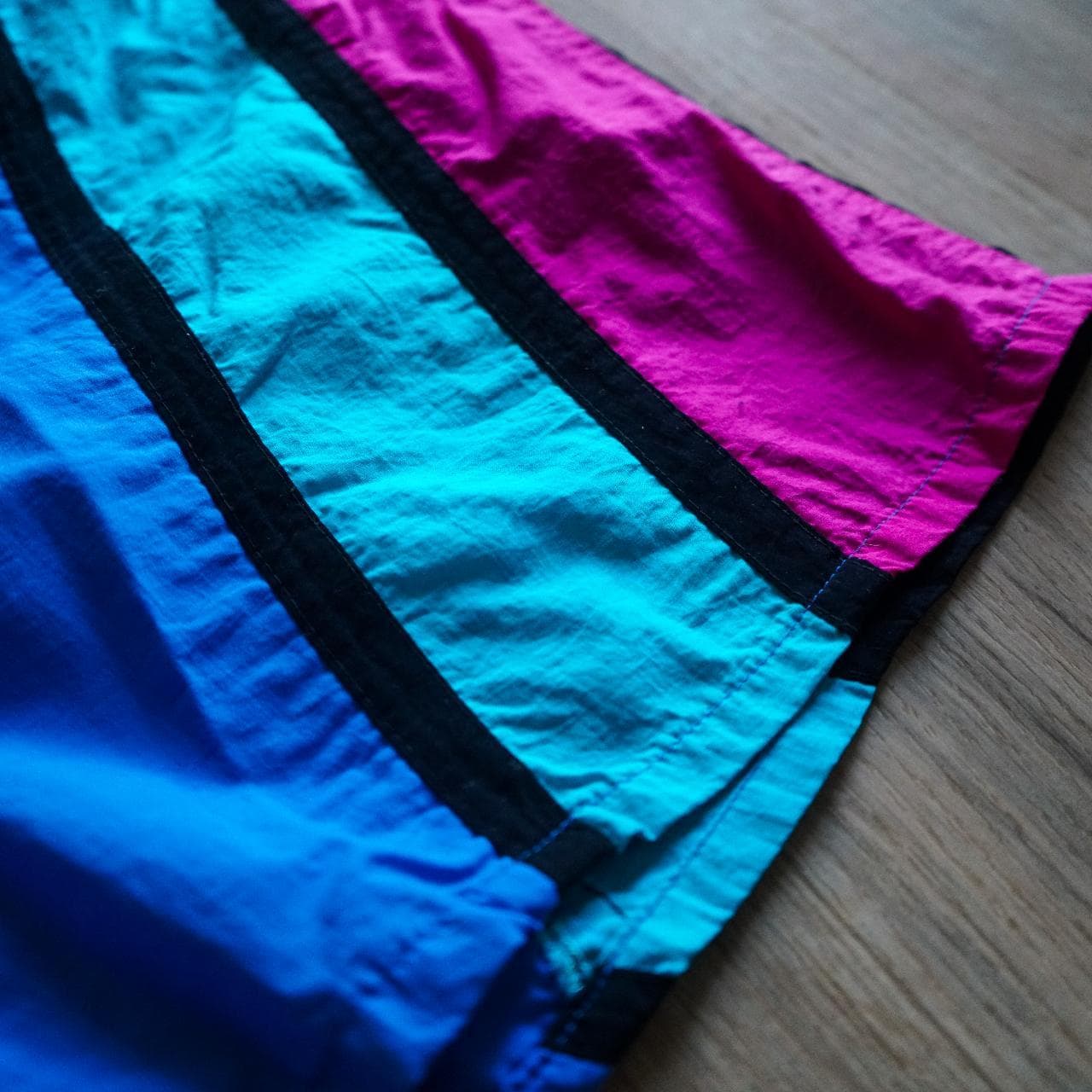 Surf Odyssey vintage swim trunks 🩳 Features 90s abstract stripes in blue, turquoise, purple, and black. Includes inner lining and drawstring. - Thumbnail 2