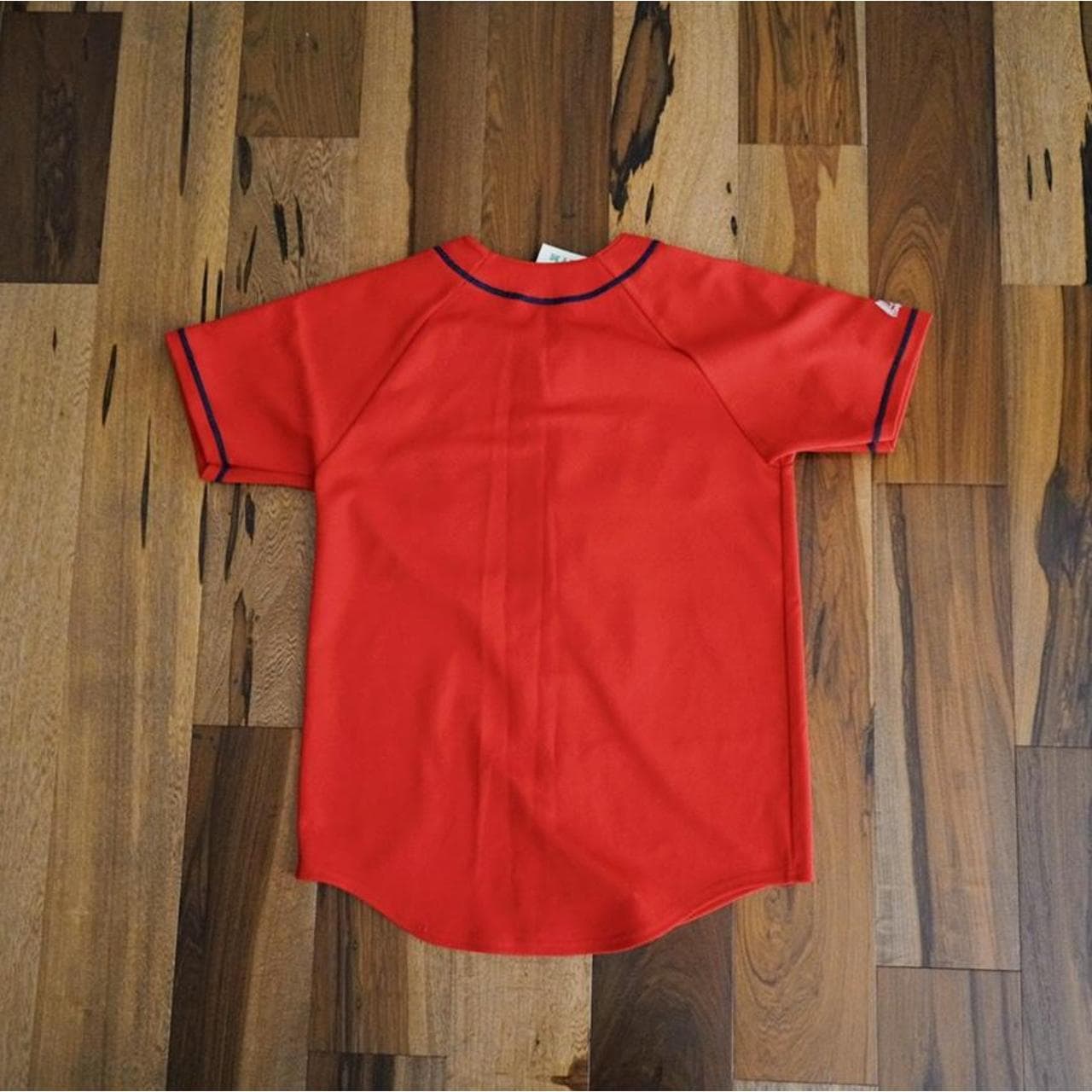 Majestic Boston’s Red Sox jersey in red with blue and white letters sewn on. Majestic logo accents throughout. No name on the back. Size M. - Thumbnail 4