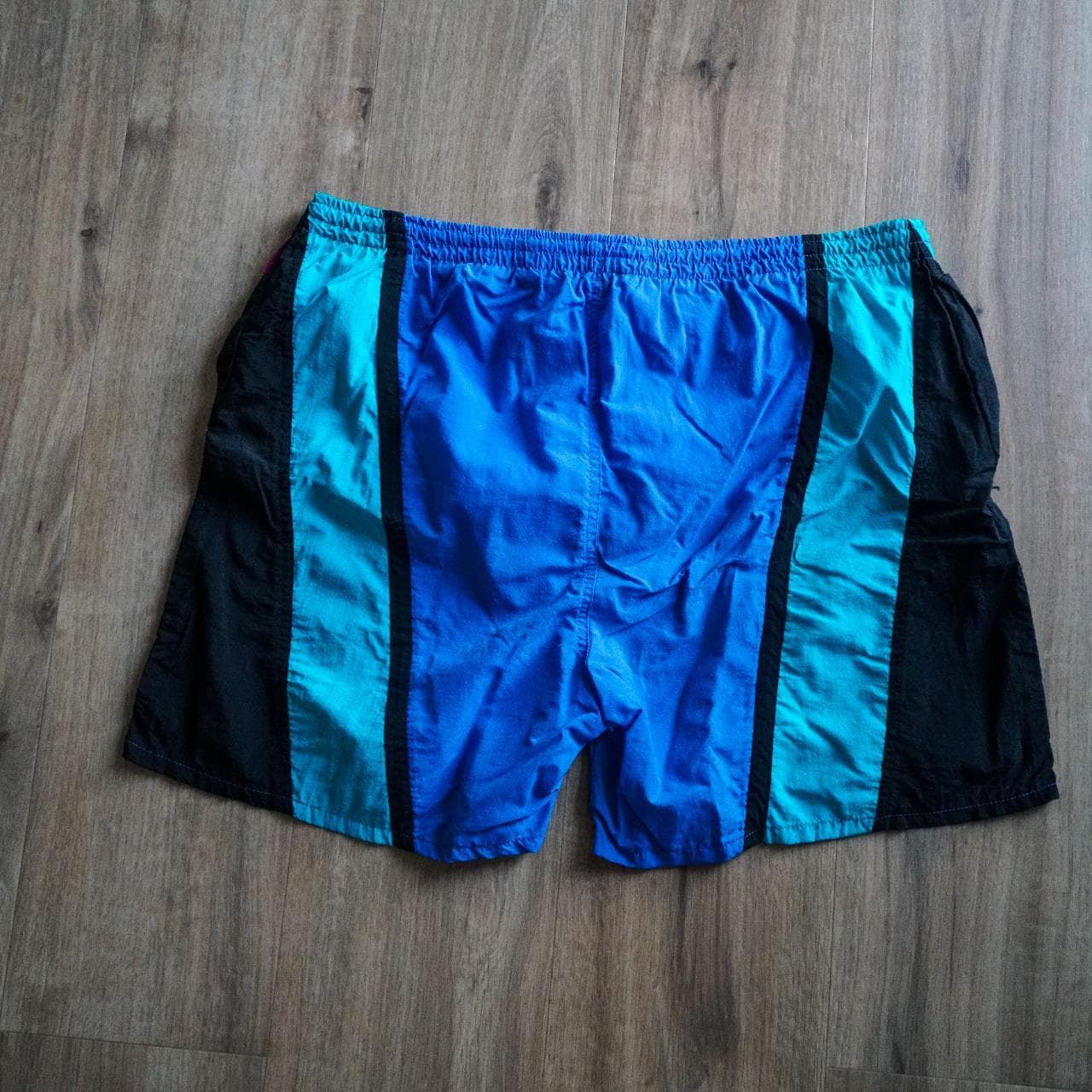 Surf Odyssey vintage swim trunks 🩳 Features 90s abstract stripes in blue, turquoise, purple, and black. Includes inner lining and drawstring. - Thumbnail 4
