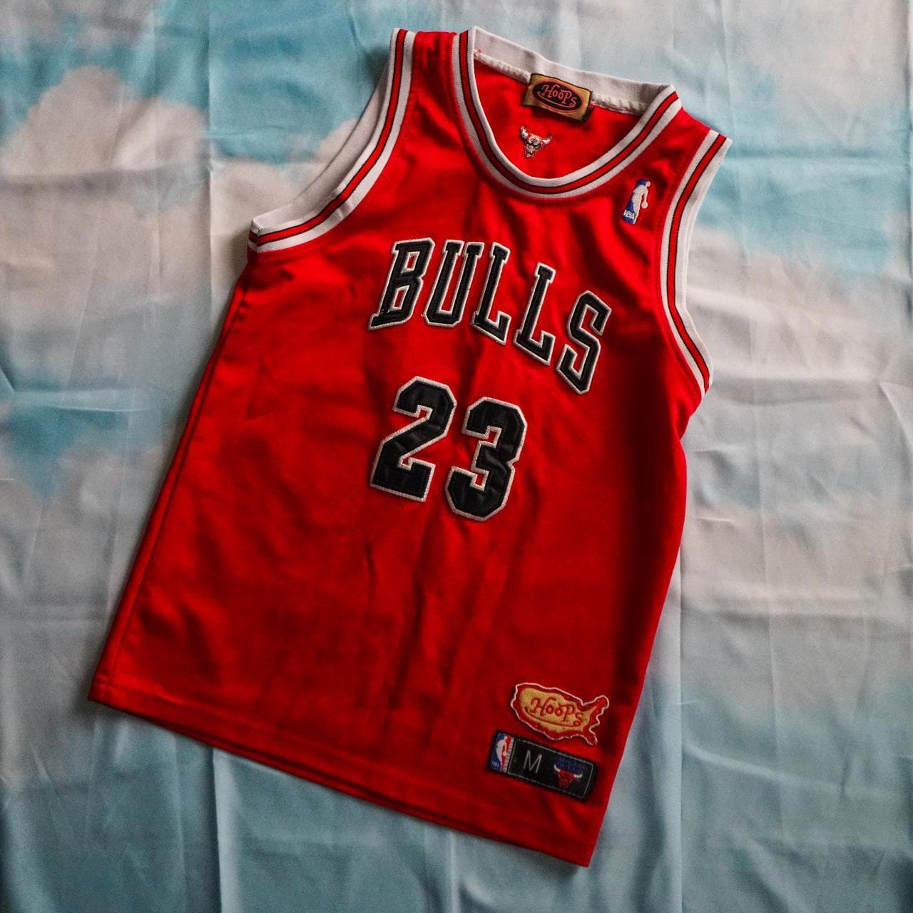 Michael Jordan #Chicago Bulls jersey by Hoops in kid's size medium. Features sewn patches and stitched numbers on front and back 🏀 #NBA #Bulls #Jordan