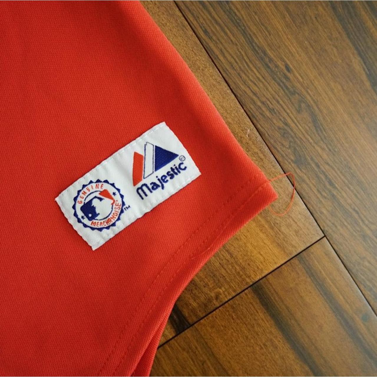 Majestic Boston’s Red Sox jersey in red with blue and white letters sewn on. Majestic logo accents throughout. No name on the back. Size M. - Thumbnail 2
