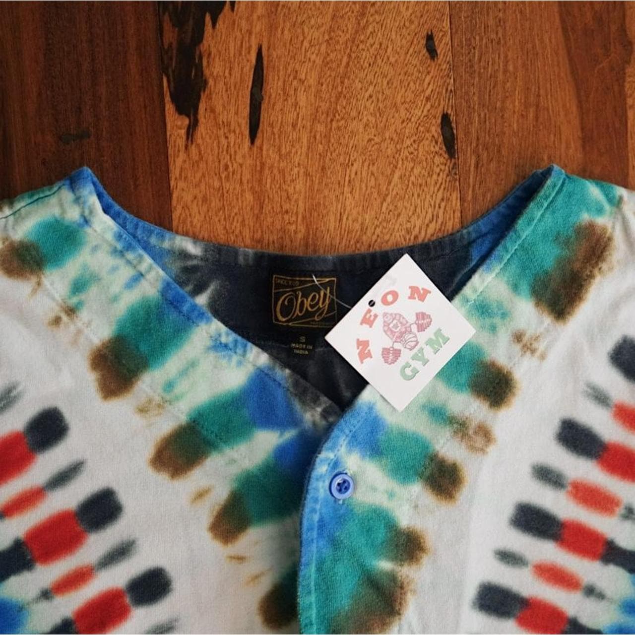 Obey Propaganda tie-dye baseball jersey. Blue, orange, white and green tie-dye with front buttons. Men’s Size Small. - Thumbnail 2