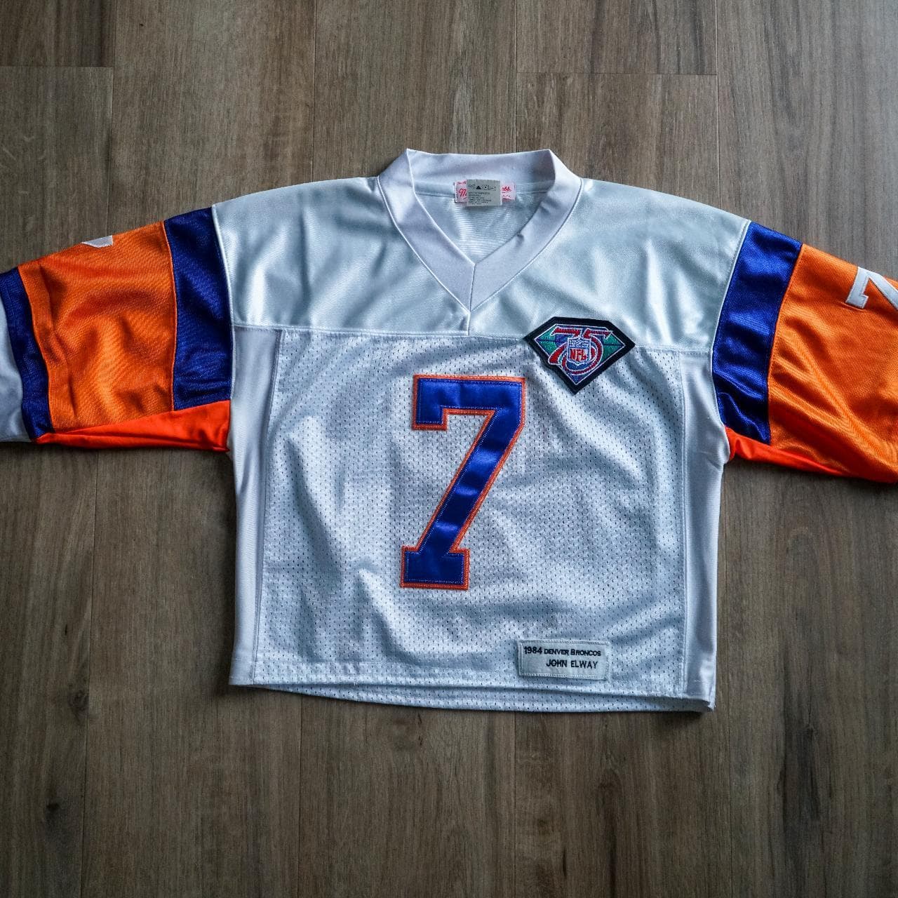 Special 75th-anniversary edition #Denver #Broncos cropped jersey with sewn-on numbers, and jersey. Classic 1984, John Elway jersey. Women's size Medium 🏈 #MitchellandNess - Thumbnail 2