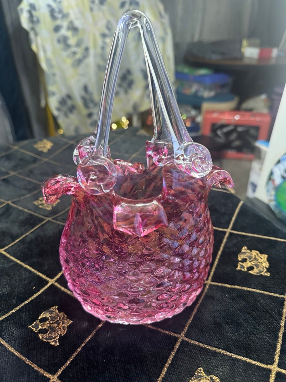 Pink Glass Purse Basket Candy Decor