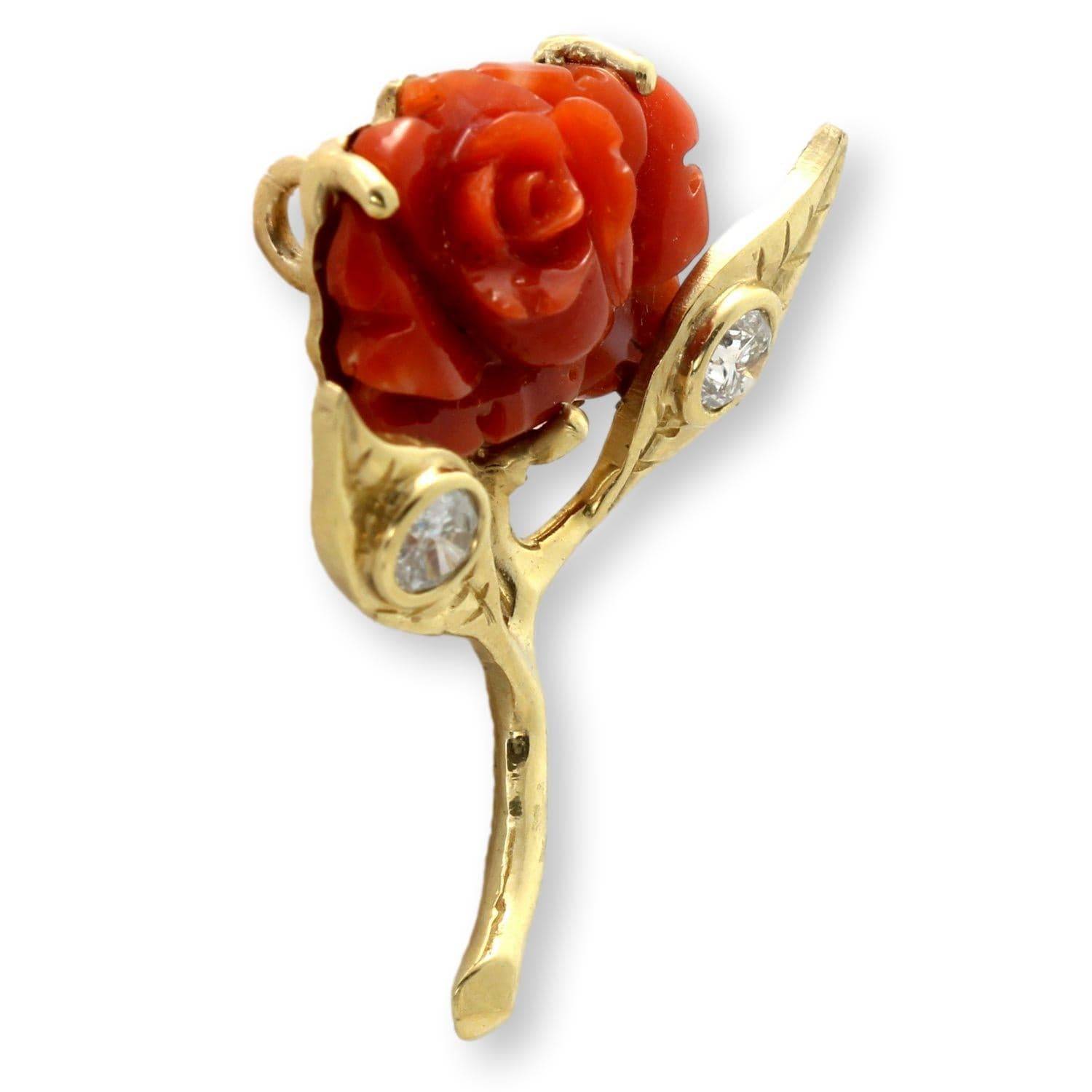Custom 18K Gold Carved Coral Rose & Diamond Slide Pendant - Thumbnail 2