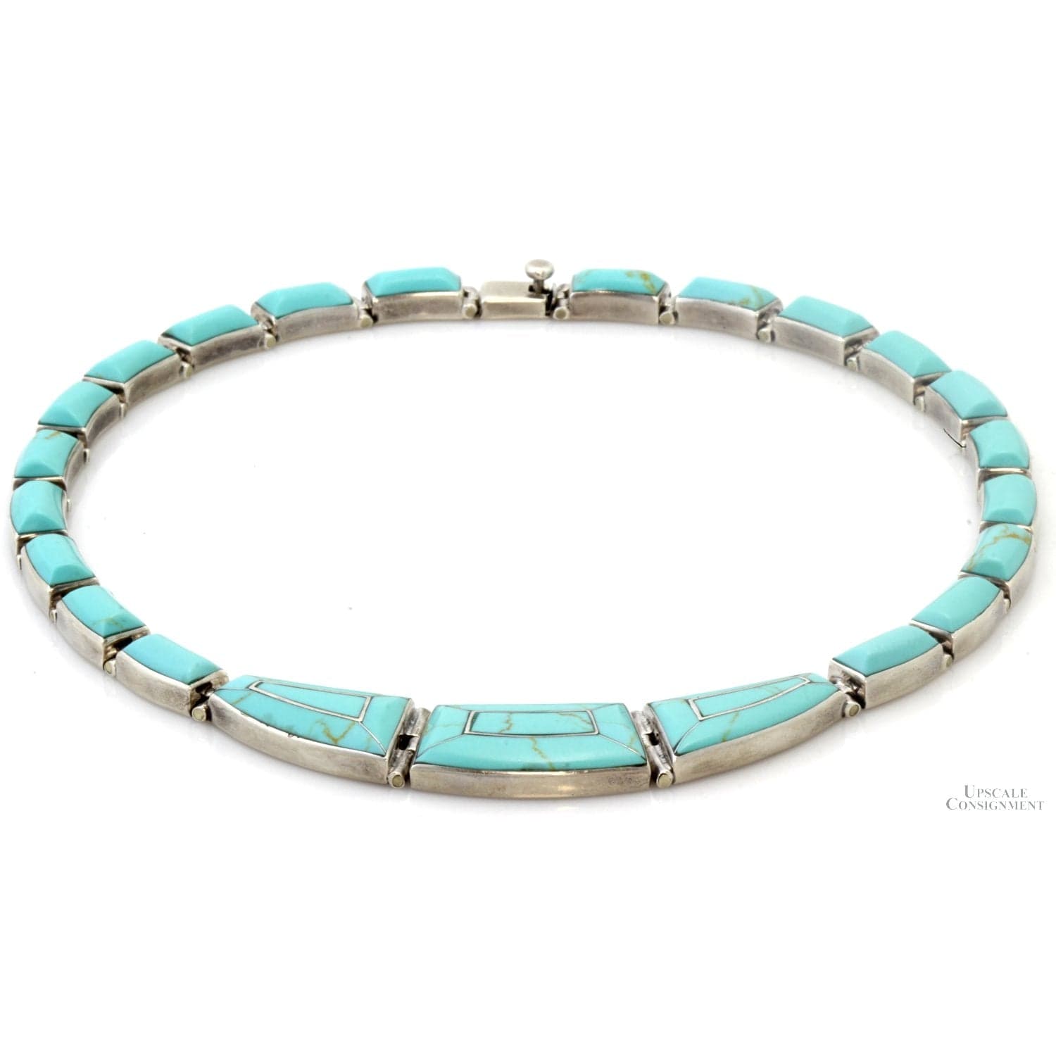Vintage Mexican 950 Silver Robin's Egg Blue Turquoise Inlay Necklace - 15.5" - Thumbnail 2