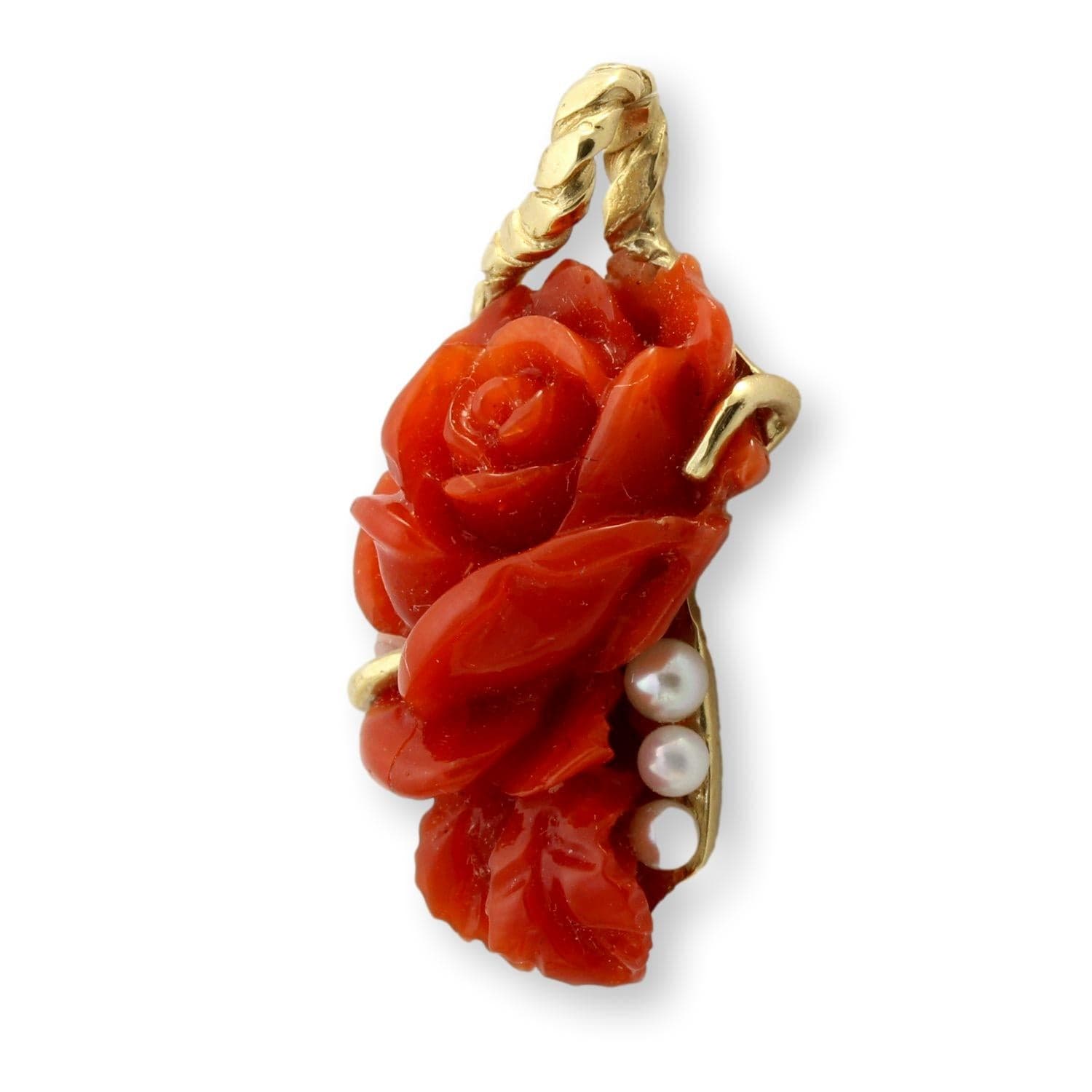 Custom 14K Gold Carved Coral Rose & Pearl Pendant - Thumbnail 2