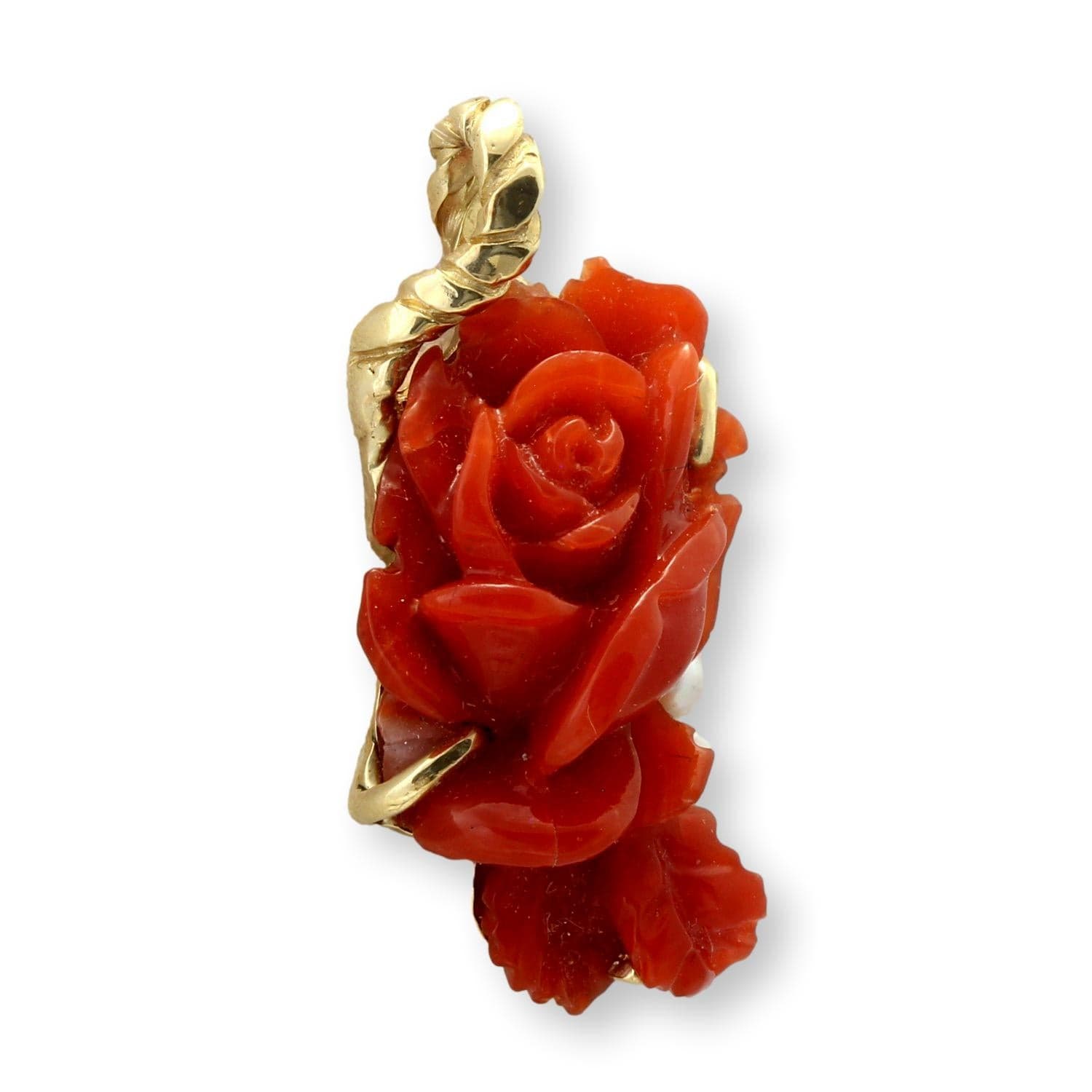 Custom 14K Gold Carved Coral Rose & Pearl Pendant - Thumbnail 3