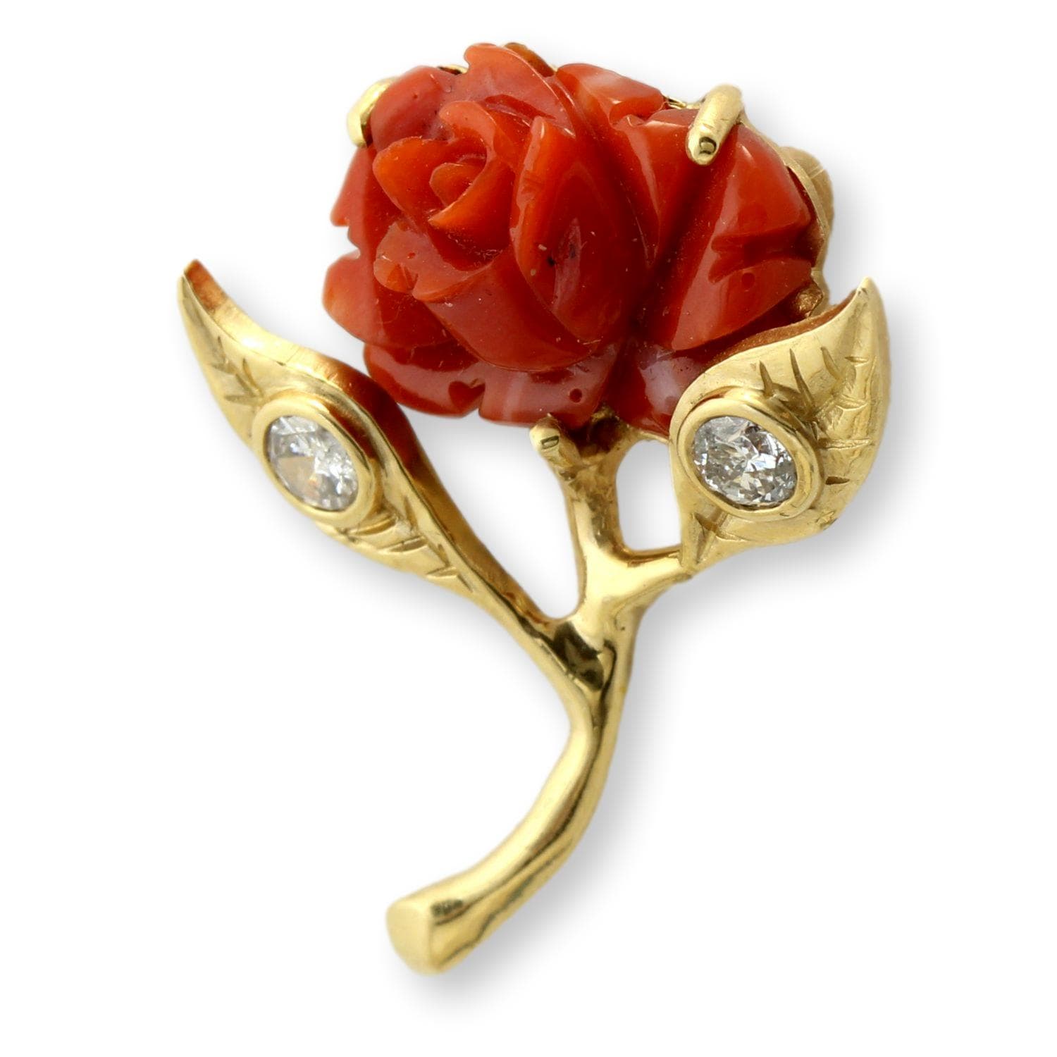 Custom 18K Gold Carved Coral Rose & Diamond Slide Pendant - Thumbnail 3