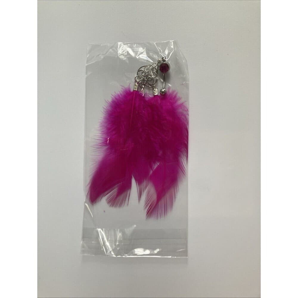 Body Vibe Triple Feather Teardrop Dangle Pink Gem Navel Ring - Thumbnail 2