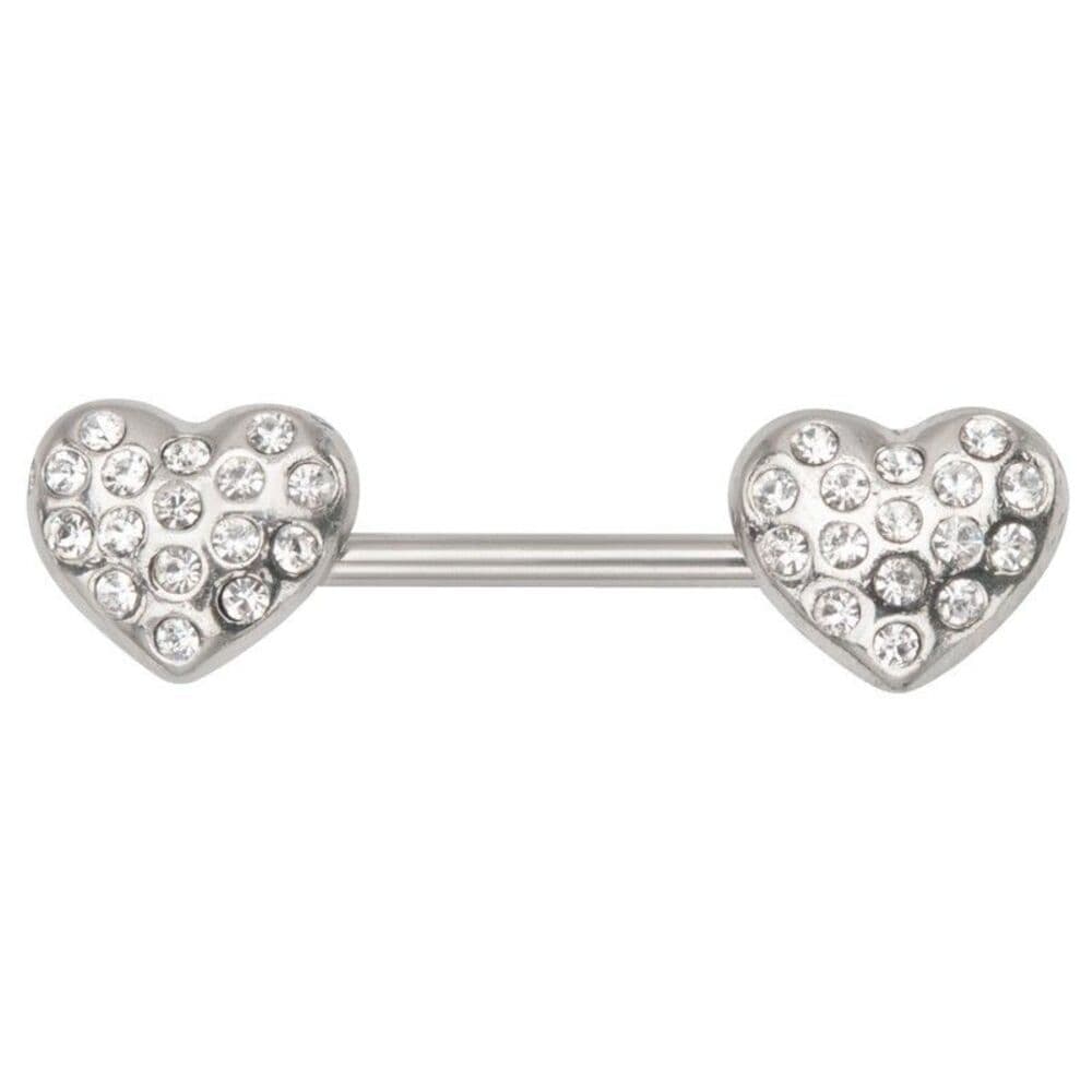 Gem Covered Heart Nipple Ring 14G Stainless Steel Barbell - Single Bar Only