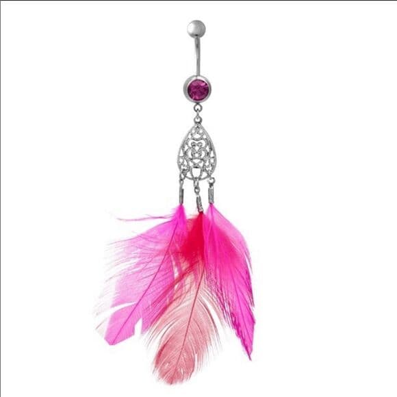 Body Vibe Triple Feather Teardrop Dangle Pink Gem Navel Ring - Thumbnail 5