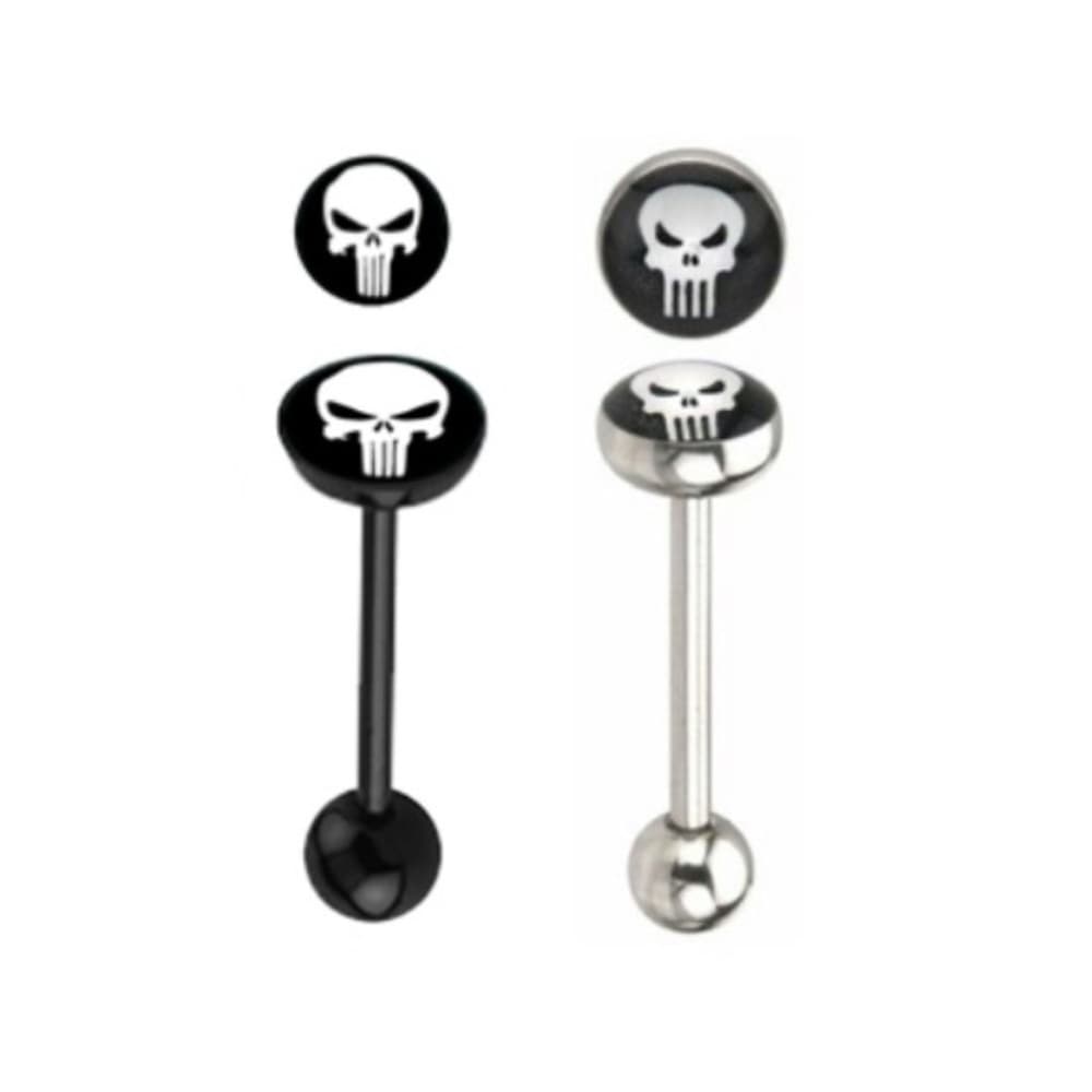 2 Punisher Logo Barbell Tongue Ring Silver and Black - Thumbnail 3