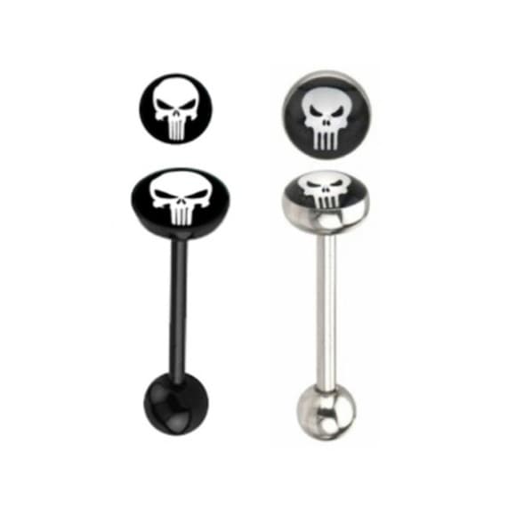 2 Punisher Logo Barbell Tongue Ring Silver and Black - Thumbnail 4