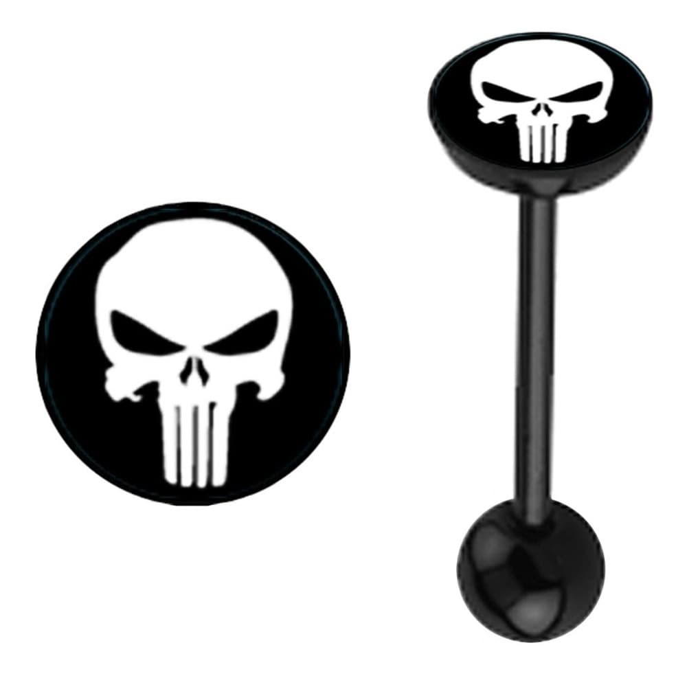 2 Punisher Logo Barbell Tongue Ring Silver and Black