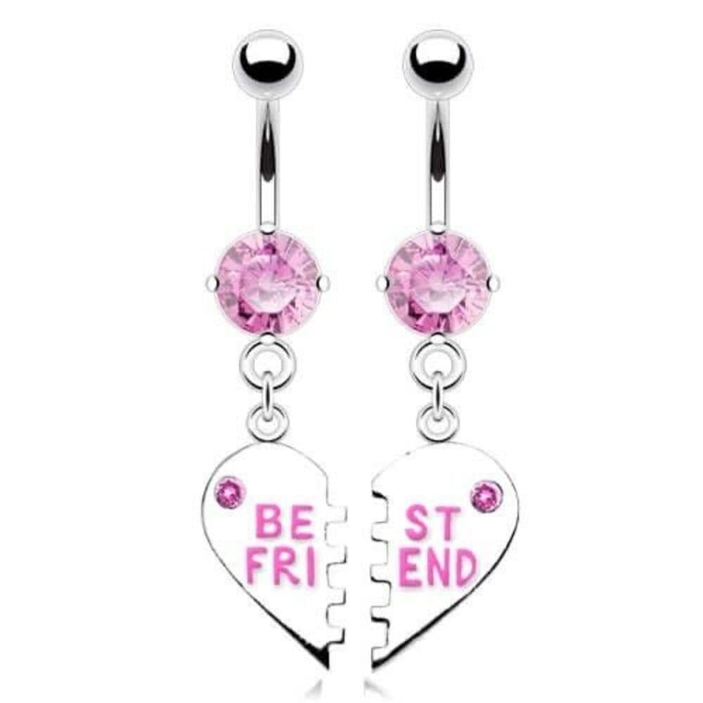 Purple Best Friends Heart CZ Dangle Navel Ring 14G Belly Button Piercing