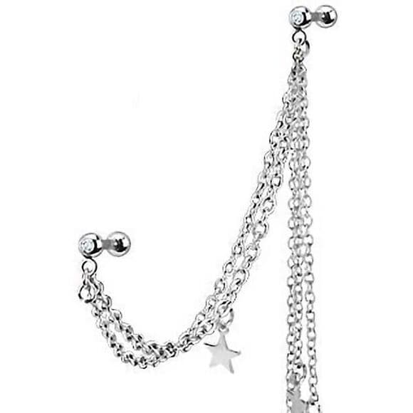 Tragus to Helix Chain Earring with Dangle Stars | 316L Steel - Thumbnail 2