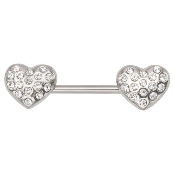 Gem Covered Heart Nipple Ring 14G Stainless Steel Barbell - Single Bar Only - Thumbnail 2