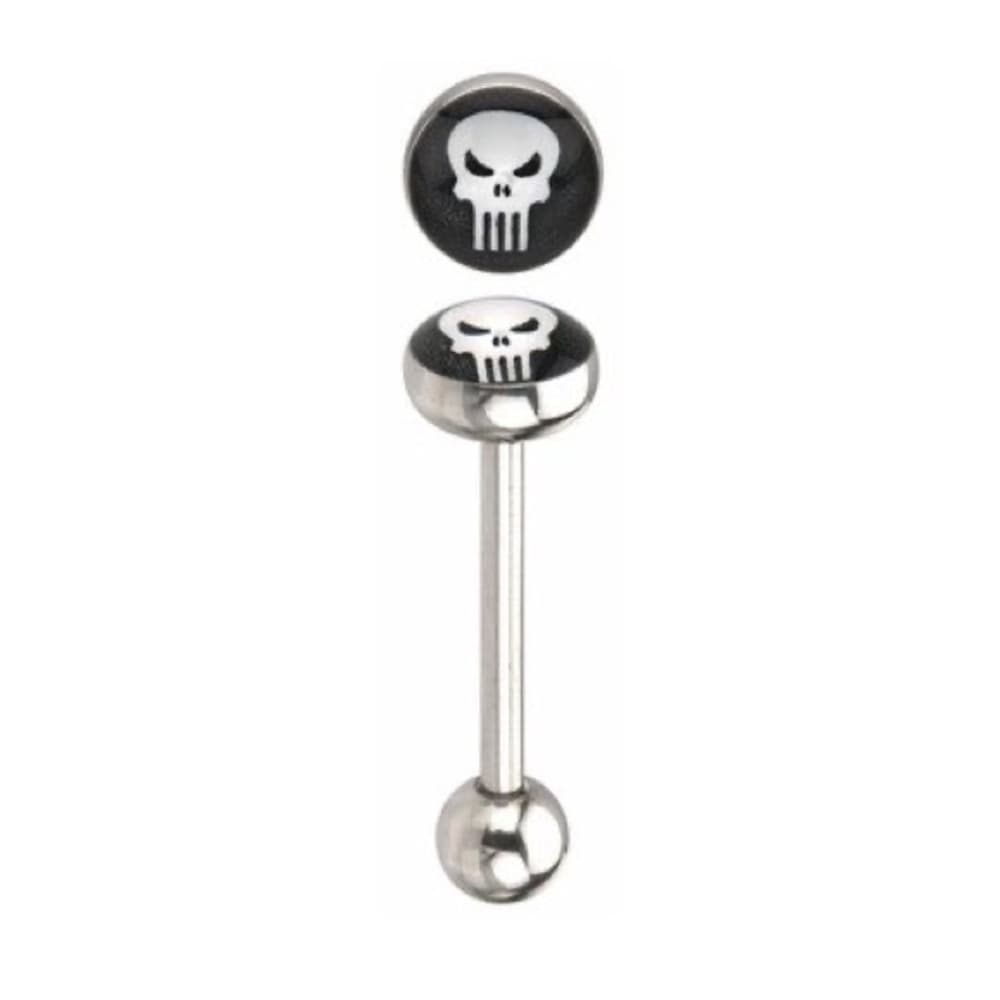 2 Punisher Logo Barbell Tongue Ring Silver and Black - Thumbnail 2