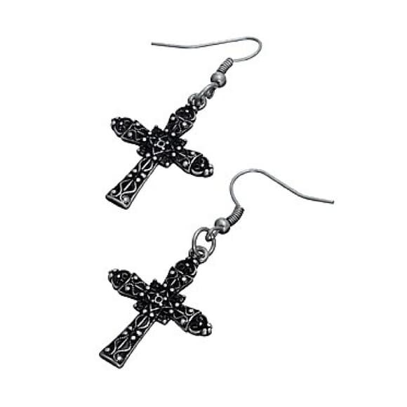 Silver Antique Cross Drop Earrings – Fish Hook Back, 1 1/4” Length - Thumbnail 2