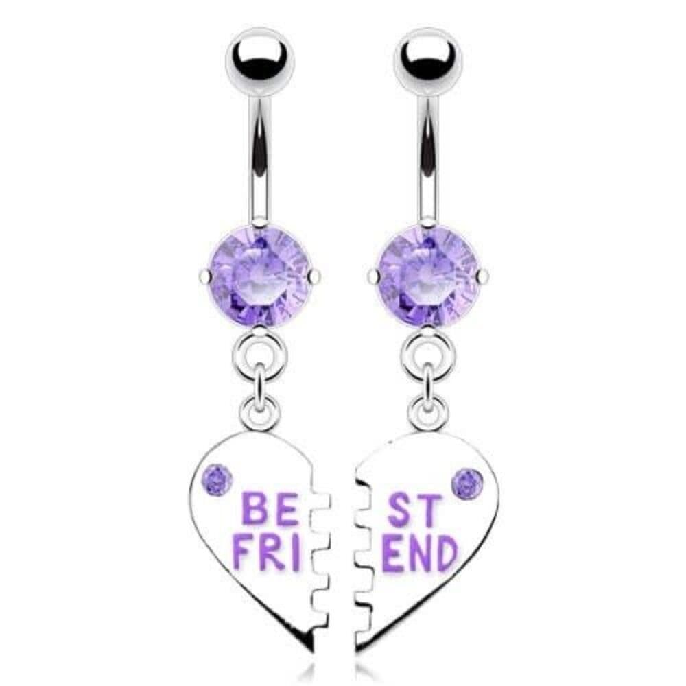 Purple Best Friends Heart CZ Dangle Navel Ring 14G Belly Button Piercing - Thumbnail 3
