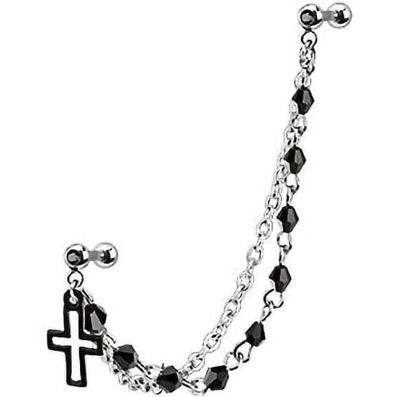Tragus to Helix Chain Earring with Black Cross and Crystals | 16G Barbell - Thumbnail 2