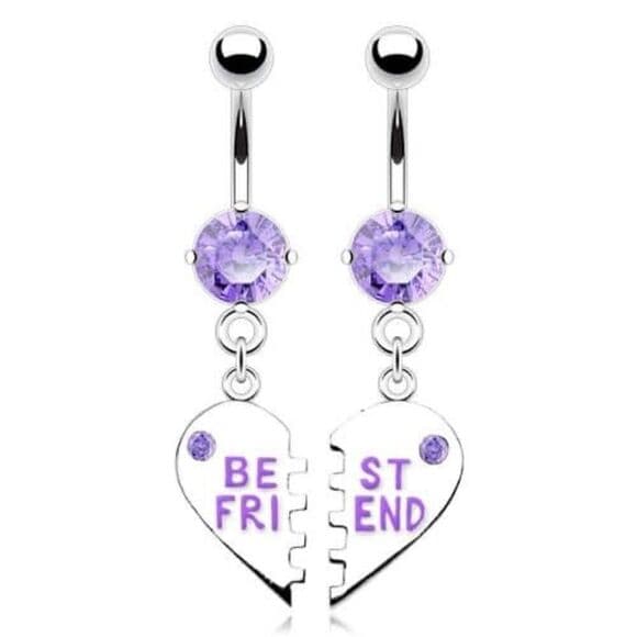 Purple Best Friends Heart CZ Dangle Navel Ring 14G Belly Button Piercing - Thumbnail 4