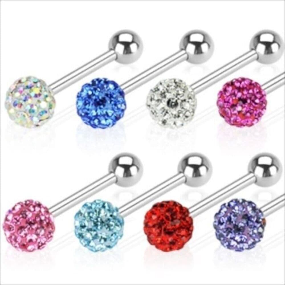 Multi Crystal Ferido Ball Tongue Ring 14G 5/8” 316L Steel 6mm - Pink