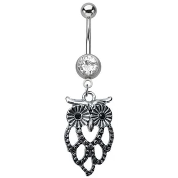 Owl Dangle Belly Ring 14g 5/8” 316L Stainless Steel - Thumbnail 2