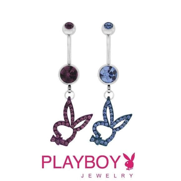 Playboy Bunny Belly Ring 14G Dangle CZ Navel Bar 316L Stainless Steel – Blue - Thumbnail 2