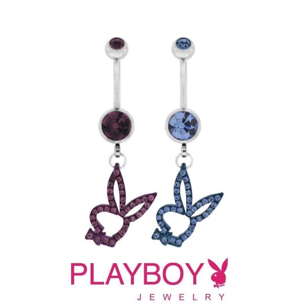 Playboy Bunny Belly Ring 14G Dangle CZ Navel Bar 316L Stainless Steel – Blue