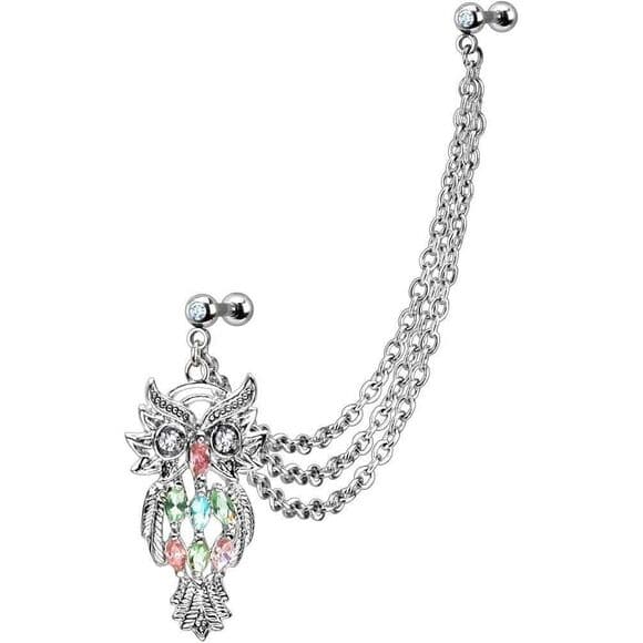 Owl Gem Tragus to Helix Chain Earring Cartilage 16G - Thumbnail 2