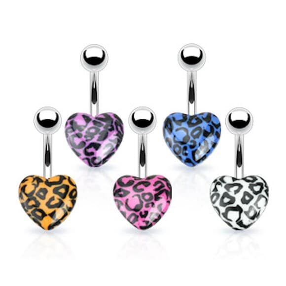 Set of 5 Leopard Print Heart Belly Button Rings – 14G Navel Jewelry - Thumbnail 7