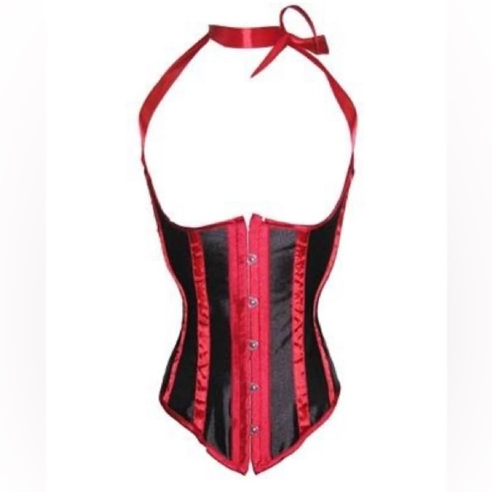Satin Underbust Corset – Red Trim, Button Front, Stretch Fit (Size L) - Thumbnail 3