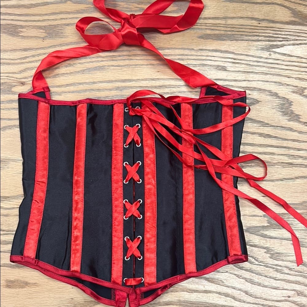 Satin Underbust Corset – Red Trim, Button Front, Stretch Fit (Size L) - Thumbnail 5
