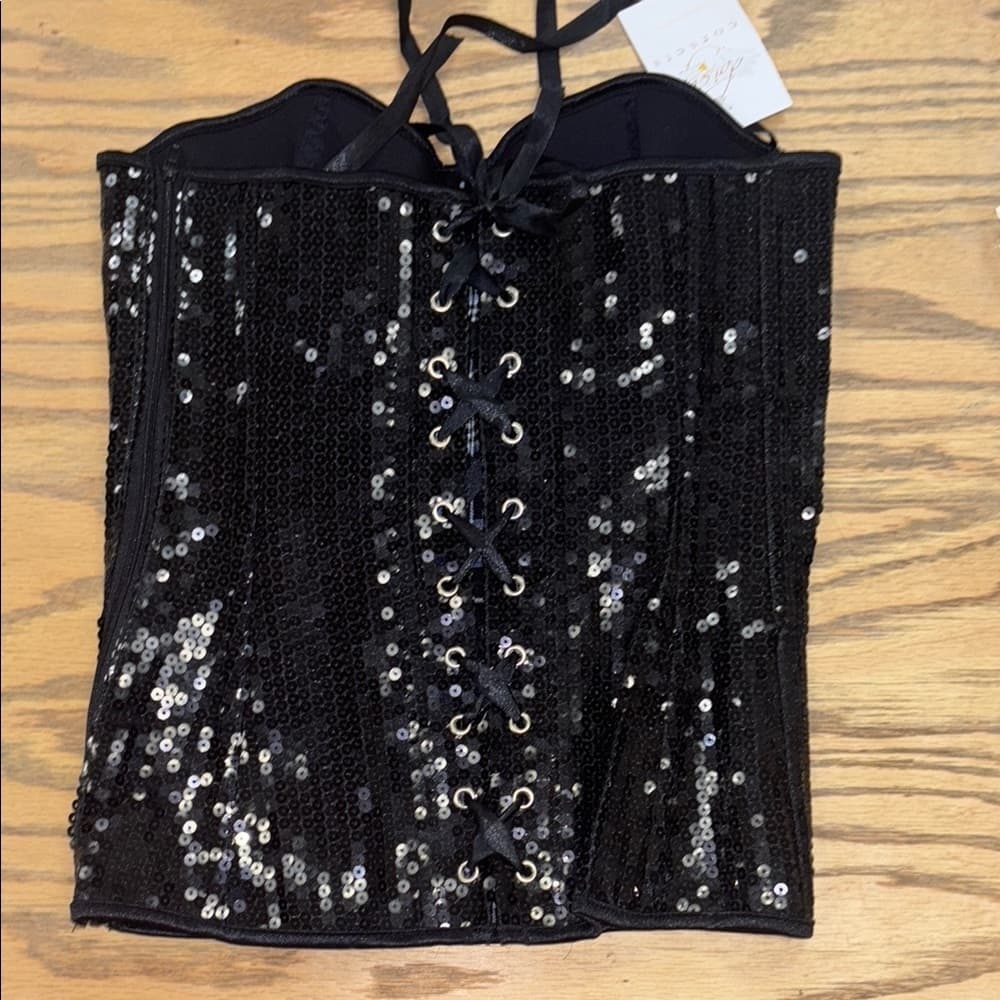 Daisy Corset Black Sequin Bustier Top – Strapless Sweetheart Neckline - Thumbnail 3