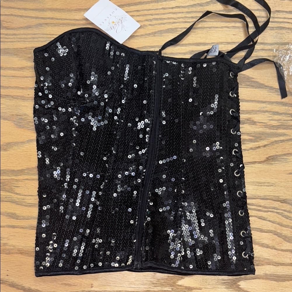 Daisy Corset Black Sequin Bustier Top – Strapless Sweetheart Neckline - Thumbnail 4