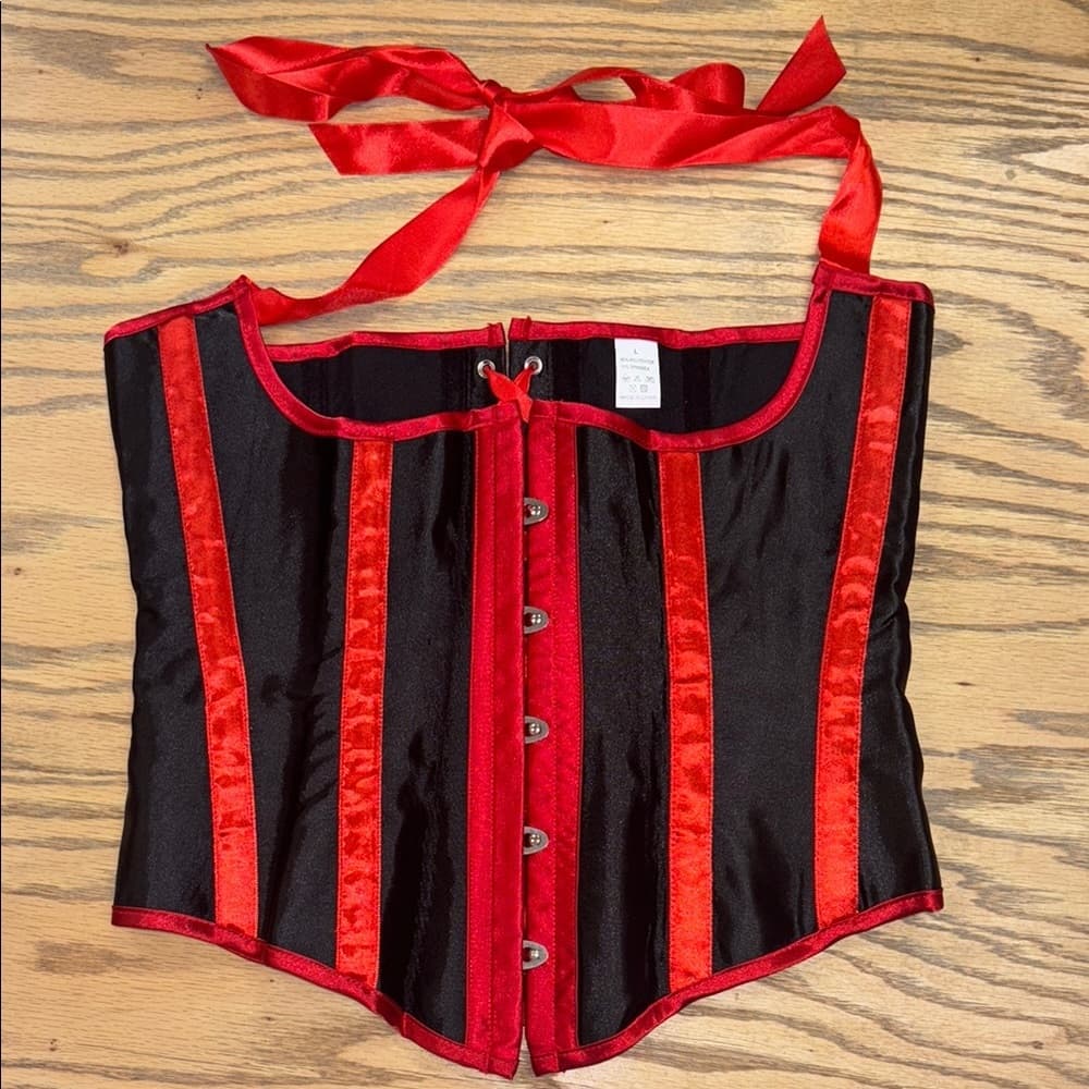 Satin Underbust Corset – Red Trim, Button Front, Stretch Fit (Size L) - Thumbnail 4