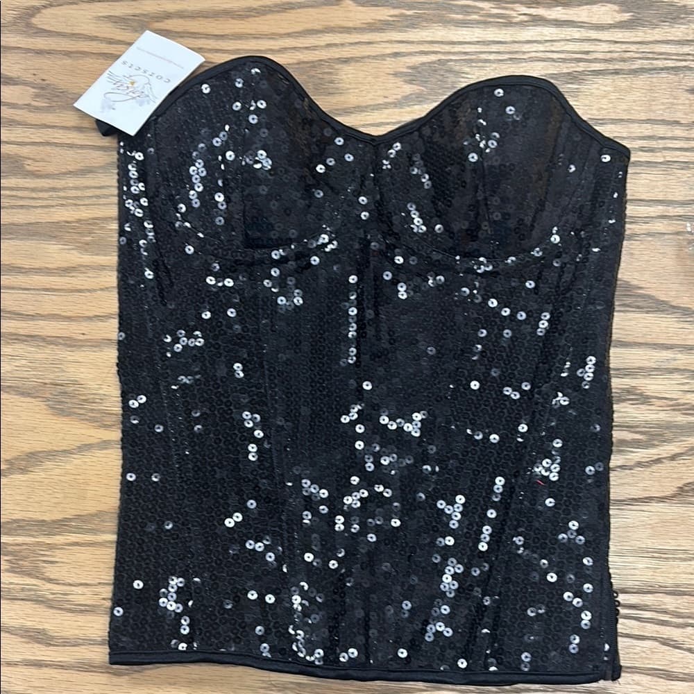 Daisy Corset Black Sequin Bustier Top – Strapless Sweetheart Neckline - Thumbnail 2
