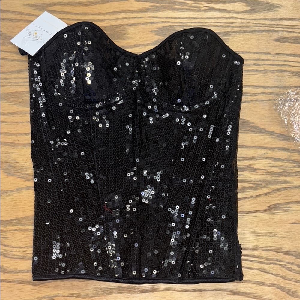 Daisy Corset Black Sequin Bustier Top – Strapless Sweetheart Neckline