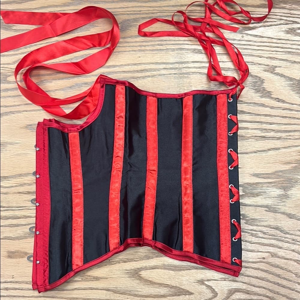 Satin Underbust Corset – Red Trim, Button Front, Stretch Fit (Size L) - Thumbnail 6