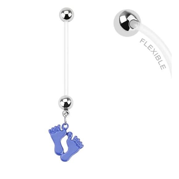 Pregnancy Navel Ring – Epoxy Blue Baby Feet – 14G 1” Flexible Bioflex - Thumbnail 5