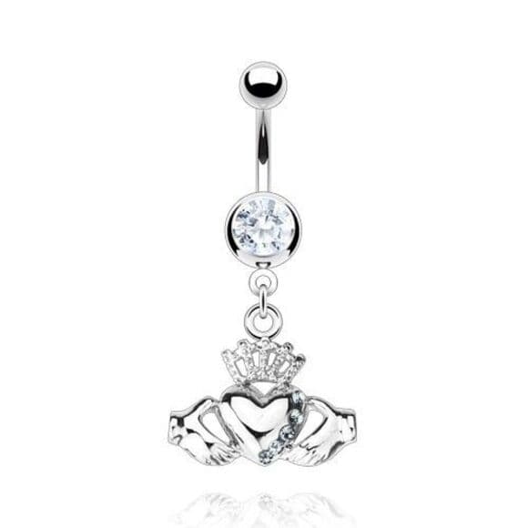 Claddagh Crown Heart CZ Belly Ring 14G Surgical Steel Navel Piercing Jewelry - Thumbnail 2